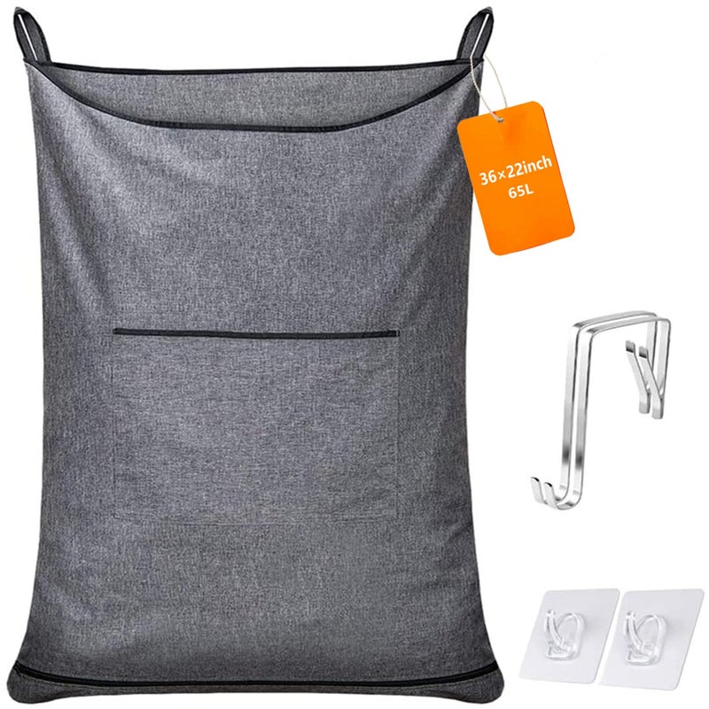 KINGSUSLAY Hanging Laundry Hamper,Door Hanging Hamper with Width Opening, Over the Door Laundry bag with hooks, Laundry Collector and Over Door Storage Bag (36x22 Inch,Pop Grey) - Image 1